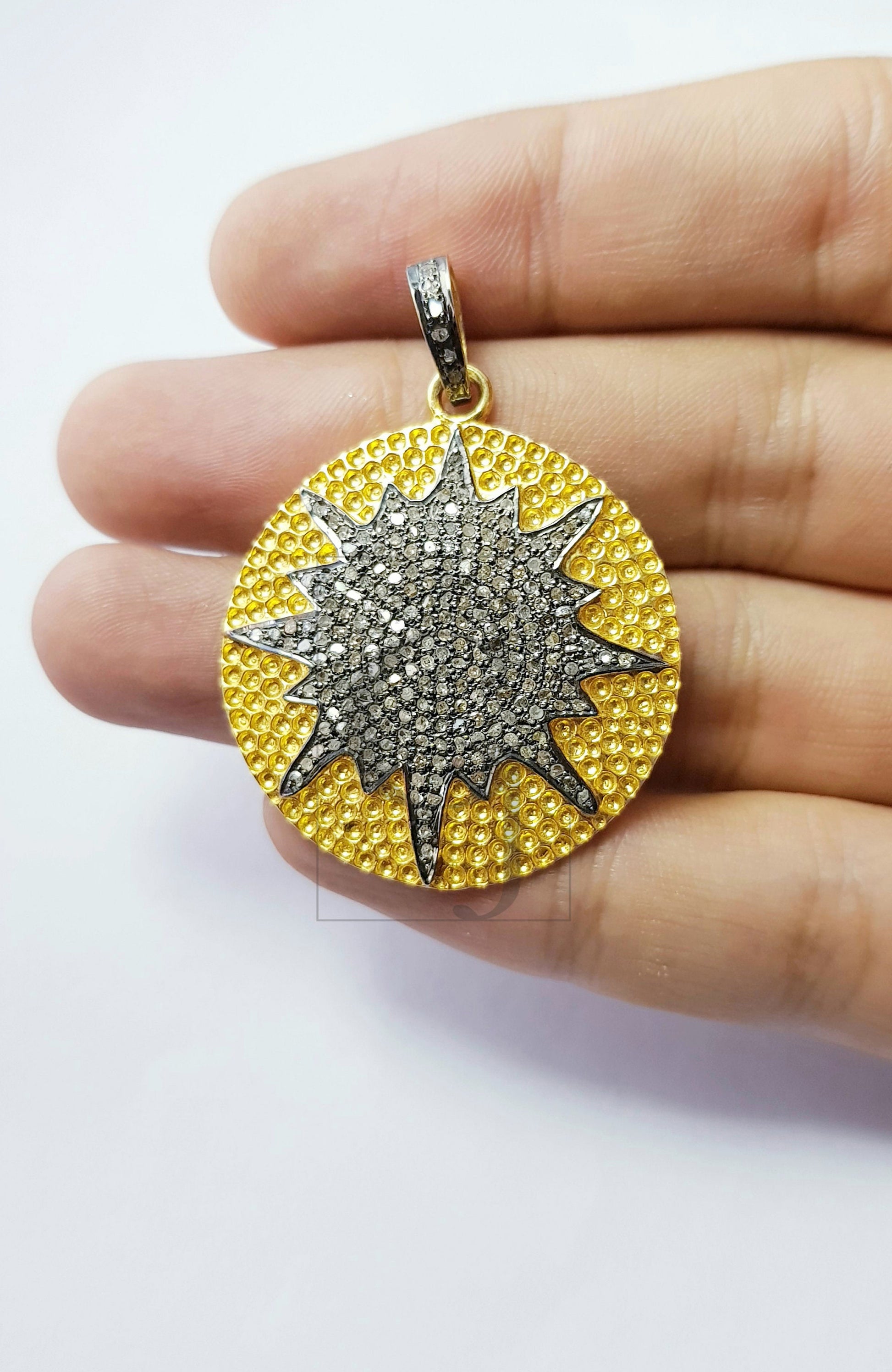 Antique Look Starburst Designer Rosecut Pave Diamond Pendant 925 Sterling Silver Handmade Finish Diamond Jewelry Pendant