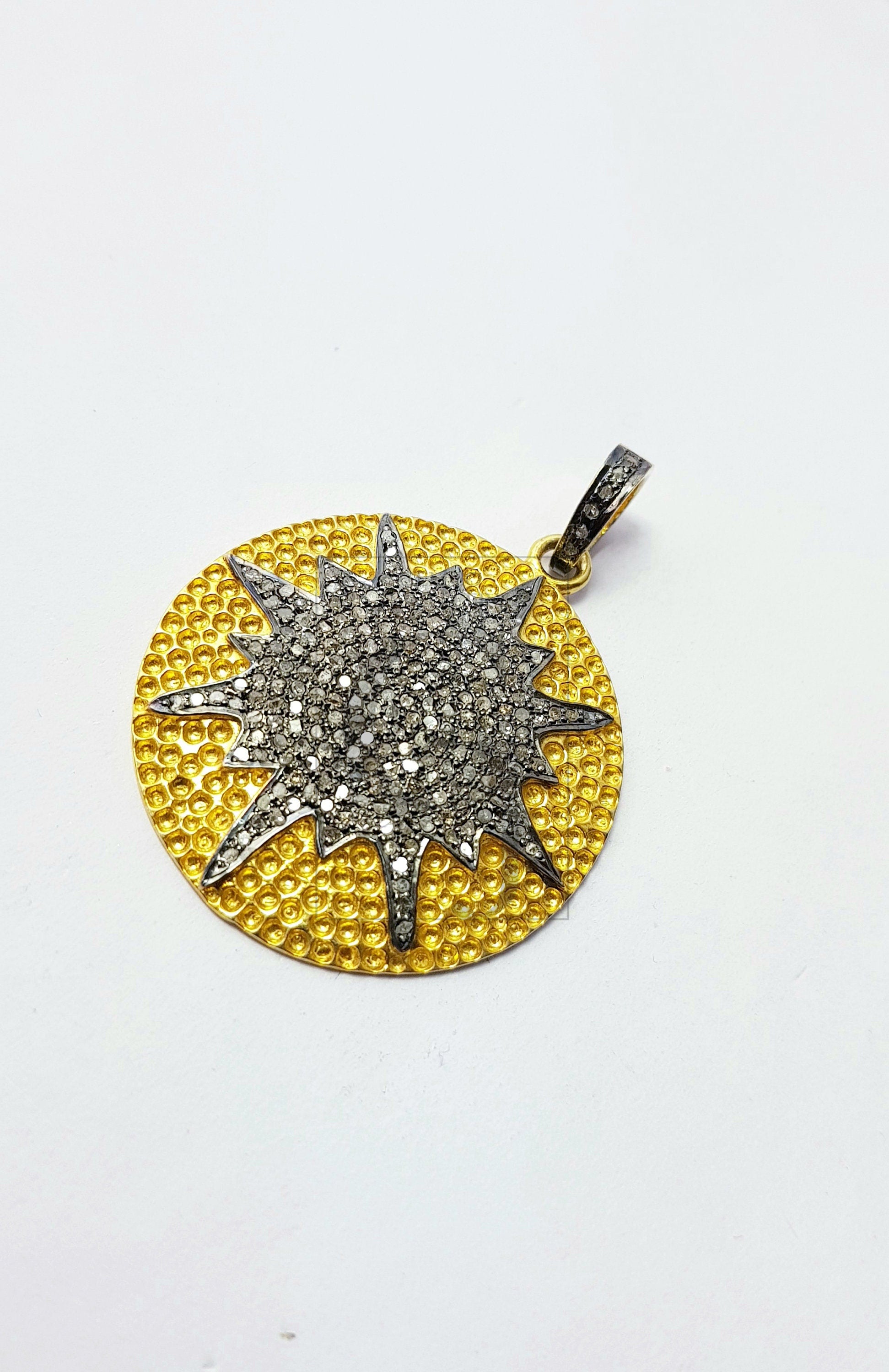 Antique Look Starburst Designer Rosecut Pave Diamond Pendant 925 Sterling Silver Handmade Finish Diamond Jewelry Pendant