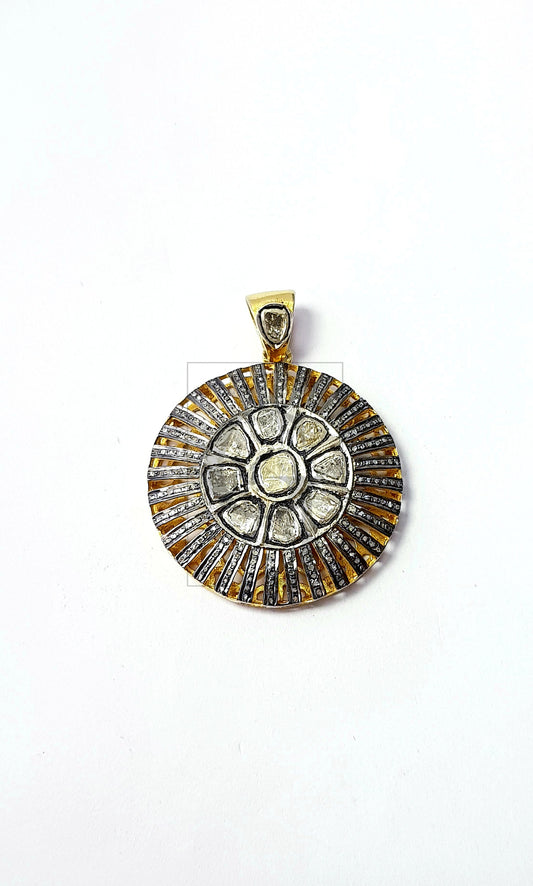 Indian design flat diamond style Rosecut pave diamond pendant 925 sterling silver handmade finish diamond jewelry pendant
