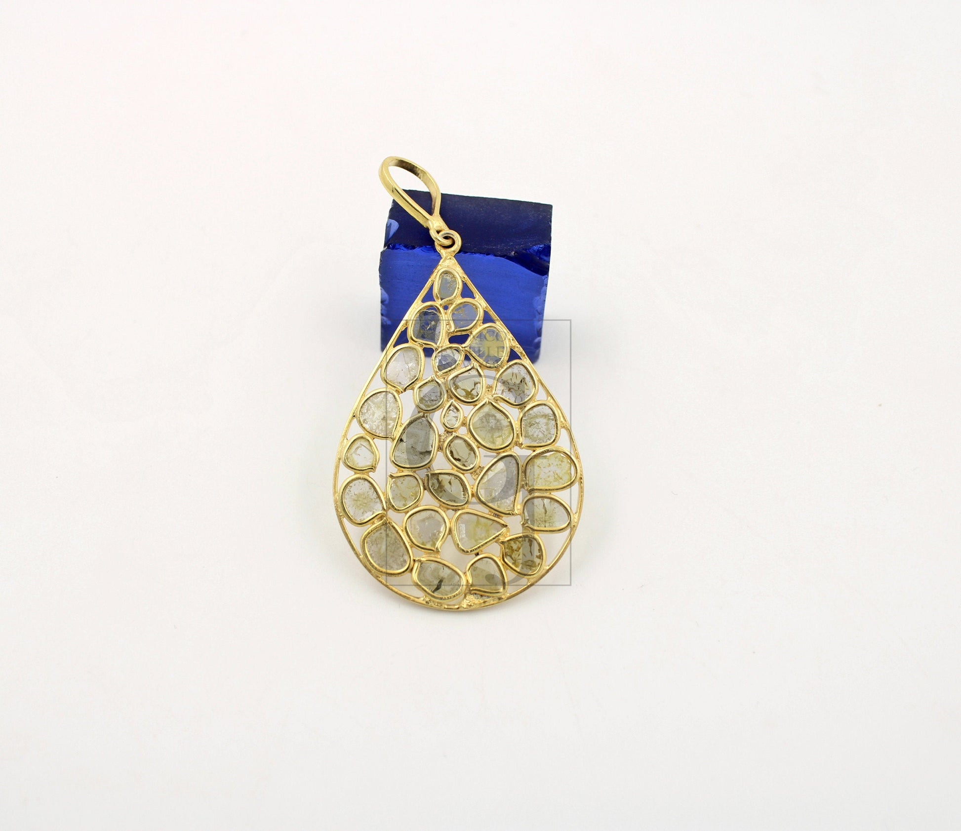 Teardrop vermail gold designer Rosecut pave diamond pendant 925 sterling silver handmade finish diamond jewelry necklace pendant