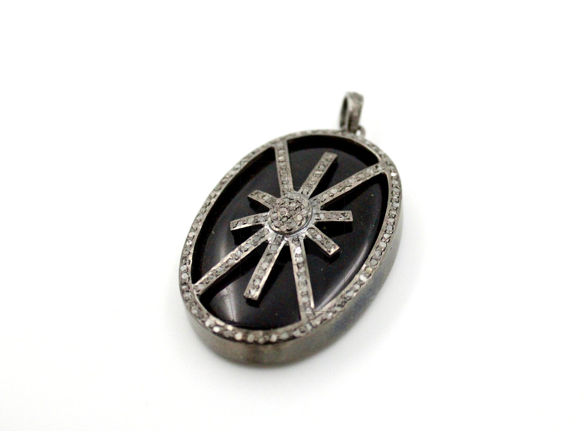 Oval shape  starburst black stone designer Rosecut pave diamond pendant 925 sterling silver handmade finish diamond jewelry necklace pendant