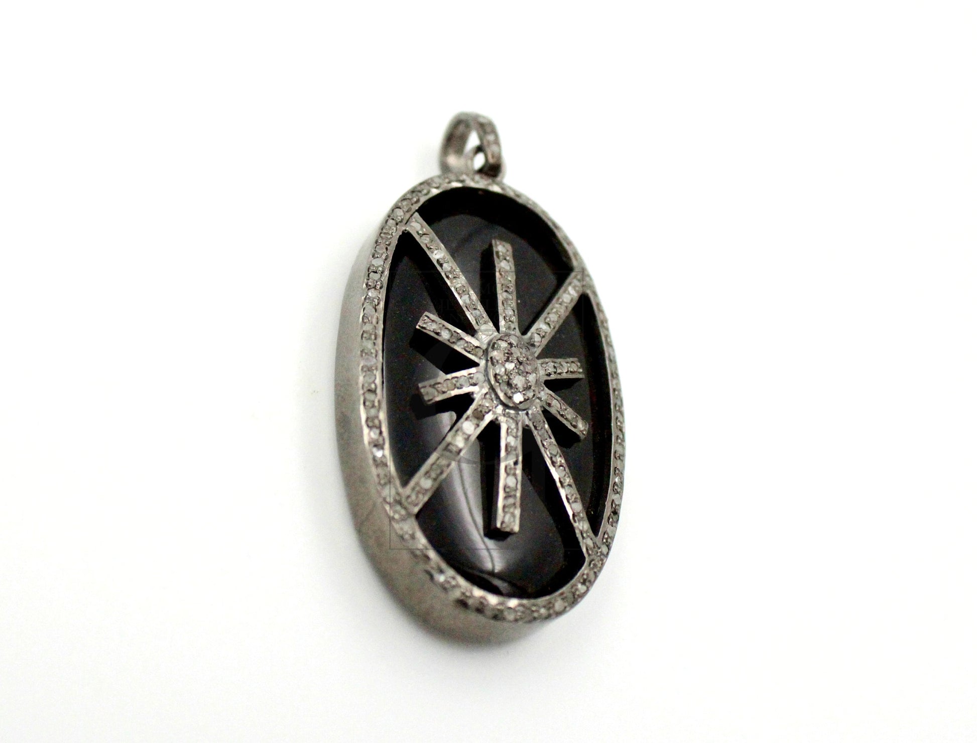 Oval shape  starburst black stone designer Rosecut pave diamond pendant 925 sterling silver handmade finish diamond jewelry necklace pendant