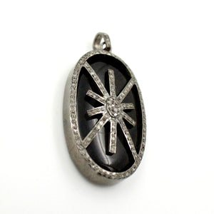 Oval shape  starburst black stone designer Rosecut pave diamond pendant 925 sterling silver handmade finish diamond jewelry necklace pendant