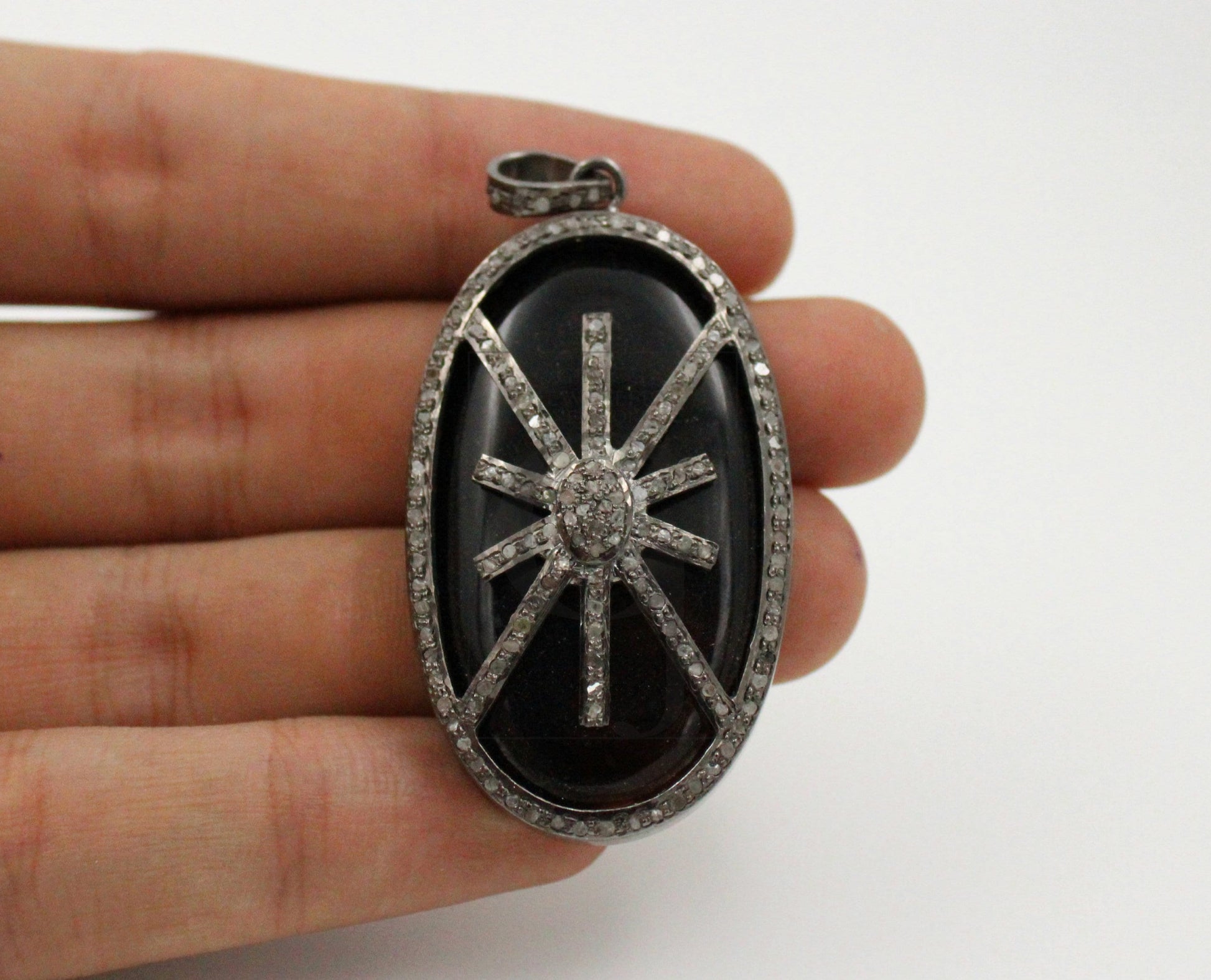 Oval shape  starburst black stone designer Rosecut pave diamond pendant 925 sterling silver handmade finish diamond jewelry necklace pendant
