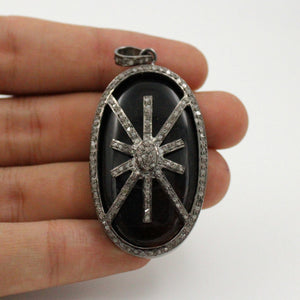 Oval shape  starburst black stone designer Rosecut pave diamond pendant 925 sterling silver handmade finish diamond jewelry necklace pendant
