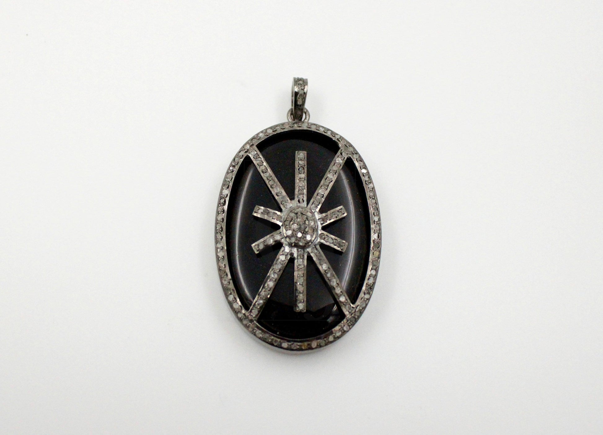 Oval shape  starburst black stone designer Rosecut pave diamond pendant 925 sterling silver handmade finish diamond jewelry necklace pendant