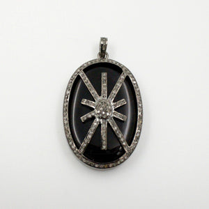 Oval shape  starburst black stone designer Rosecut pave diamond pendant 925 sterling silver handmade finish diamond jewelry necklace pendant