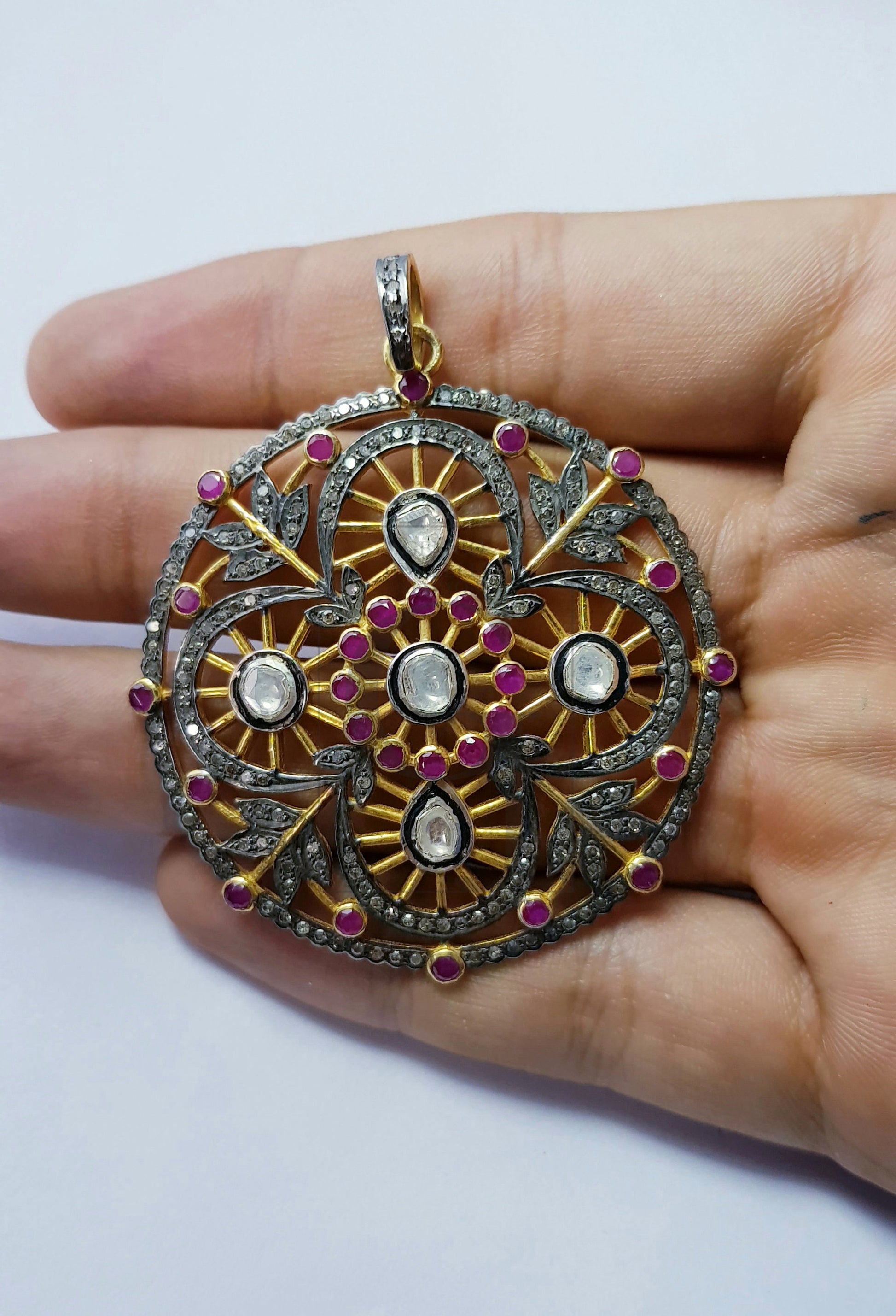 Very beautiful 14k gold finish Rosecut pave diamond pendant 925 sterling silver handmade finish diamond charm polki pendant jewelry