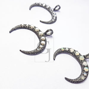 Beautiful Crescent Moon Design With Opal/Moonstone/Pearl Pave Diamond Rosecut Pendant 925 Sterling Silver Pendant Handmade Diamond Pendant