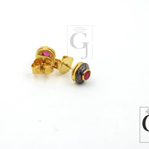 14k Gold Ruby Earring Studs Pave Rosecut Diamond 925 Sterling Silver Handmade Very Beautiful Diamond Pave Stud Earrings