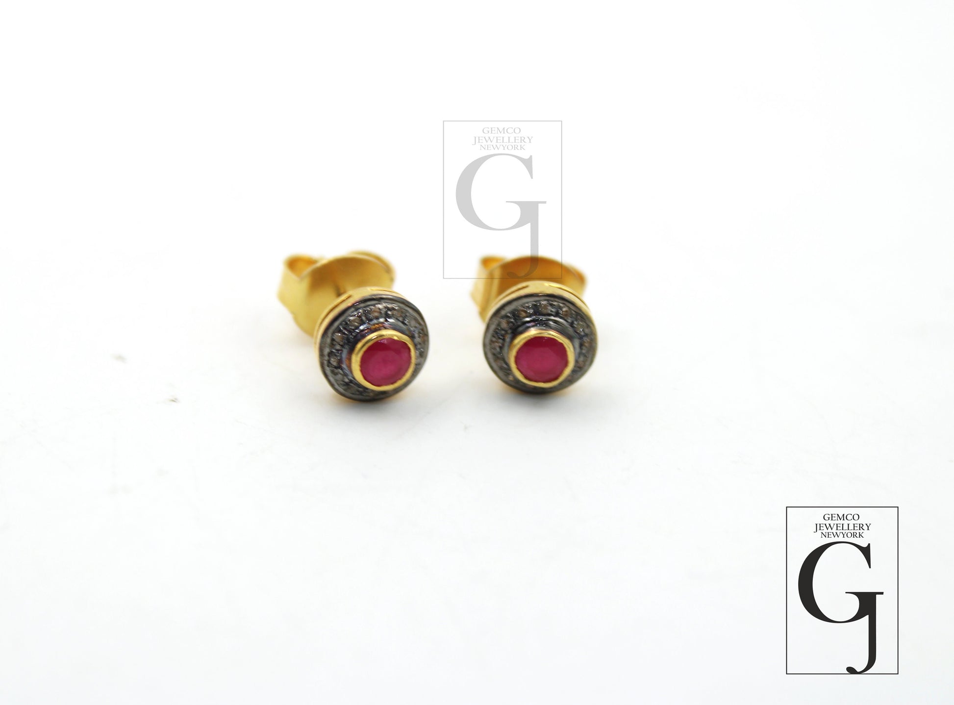 14k Gold Ruby Earring Studs Pave Rosecut Diamond 925 Sterling Silver Handmade Very Beautiful Diamond Pave Stud Earrings