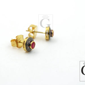 14k Gold Ruby Earring Studs Pave Rosecut Diamond 925 Sterling Silver Handmade Very Beautiful Diamond Pave Stud Earrings