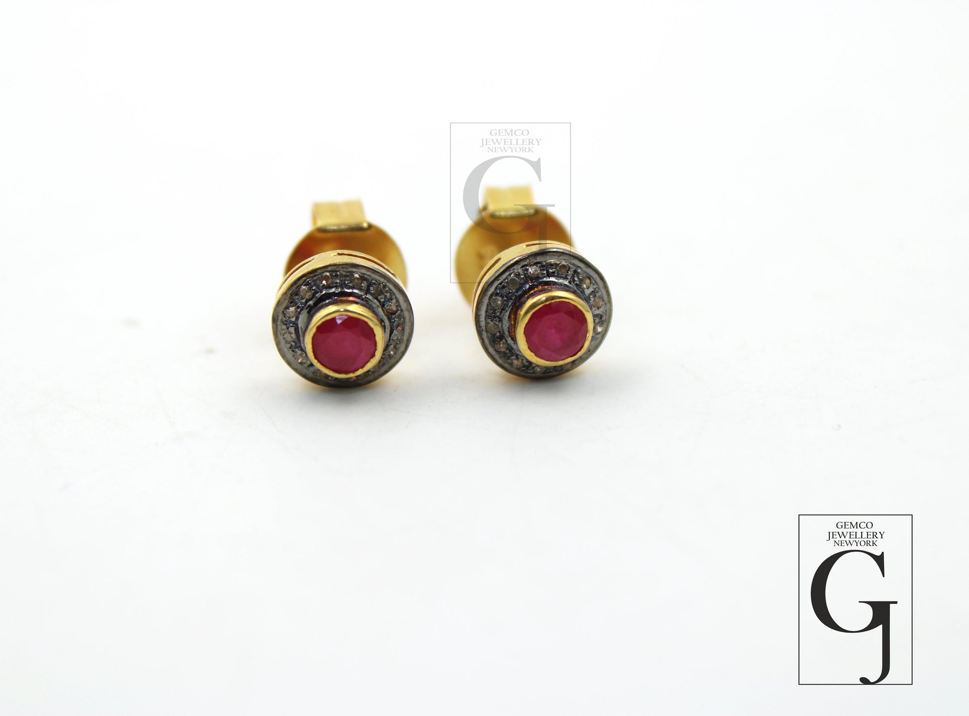 14k Gold Ruby Earring Studs Pave Rosecut Diamond 925 Sterling Silver Handmade Very Beautiful Diamond Pave Stud Earrings