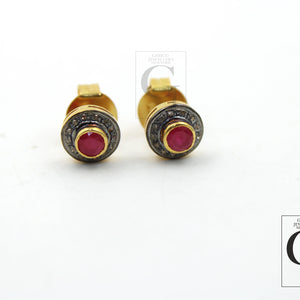 14k Gold Ruby Earring Studs Pave Rosecut Diamond 925 Sterling Silver Handmade Very Beautiful Diamond Pave Stud Earrings