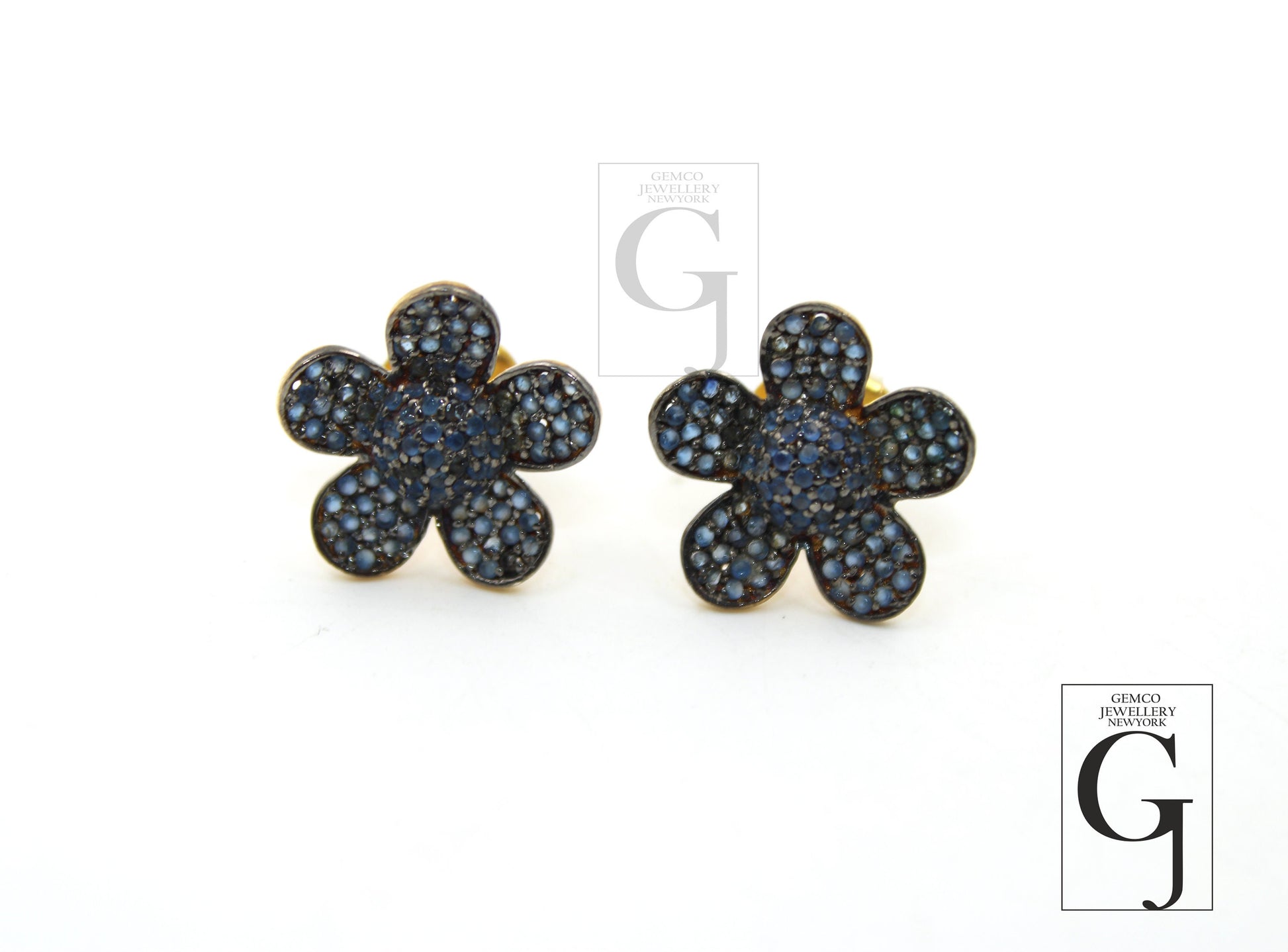 14k Gold Sapphire Flower Stud Earring Pave Rosecut Diamond 925 Sterling Silver Handmade Very Beautiful Sapphire Pave Stud Earrings