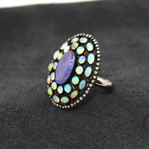 Very beautiful tanzanite and Opal designer ring Rosecut pave diamond rings 925 sterling silver handmade silver finish diamond ring