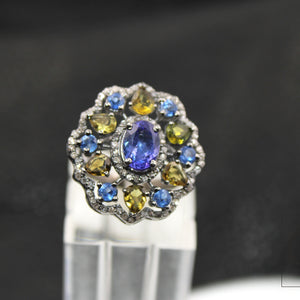 Very beautiful Kyanite tanzanite tourmaline Cocktail ring Rosecut pave diamond rings 925 sterling silver handmade silver finish diamond ring