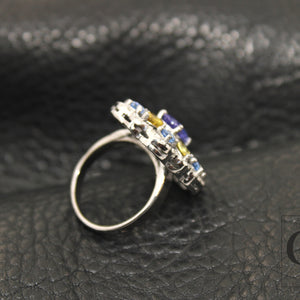 Very beautiful Kyanite tanzanite tourmaline Cocktail ring Rosecut pave diamond rings 925 sterling silver handmade silver finish diamond ring