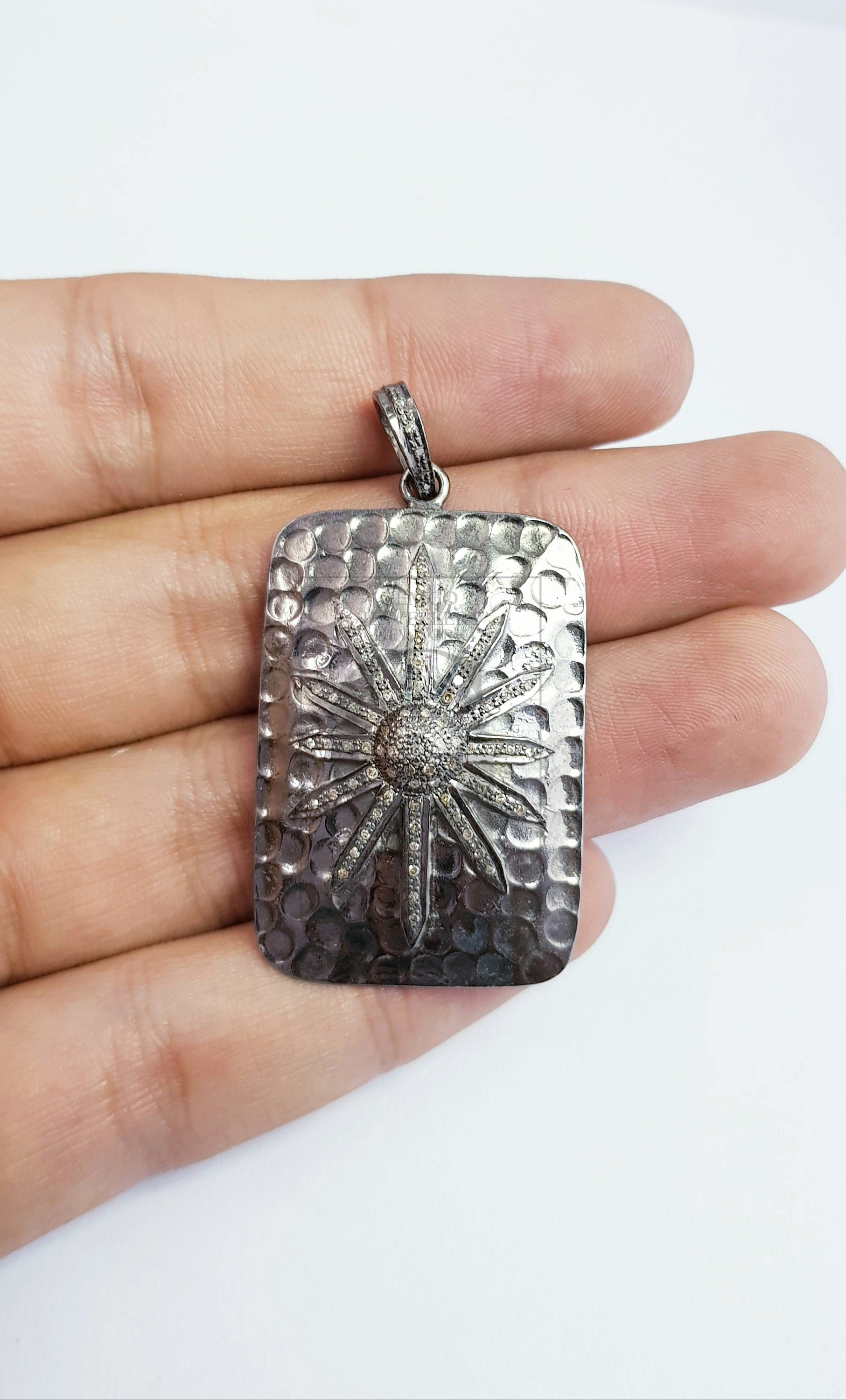 Rectangle shaped Sunburst designer diamond charm Pave diamond rosecut pendant 925 sterling silver pendant handmade beautiful diamond pendant