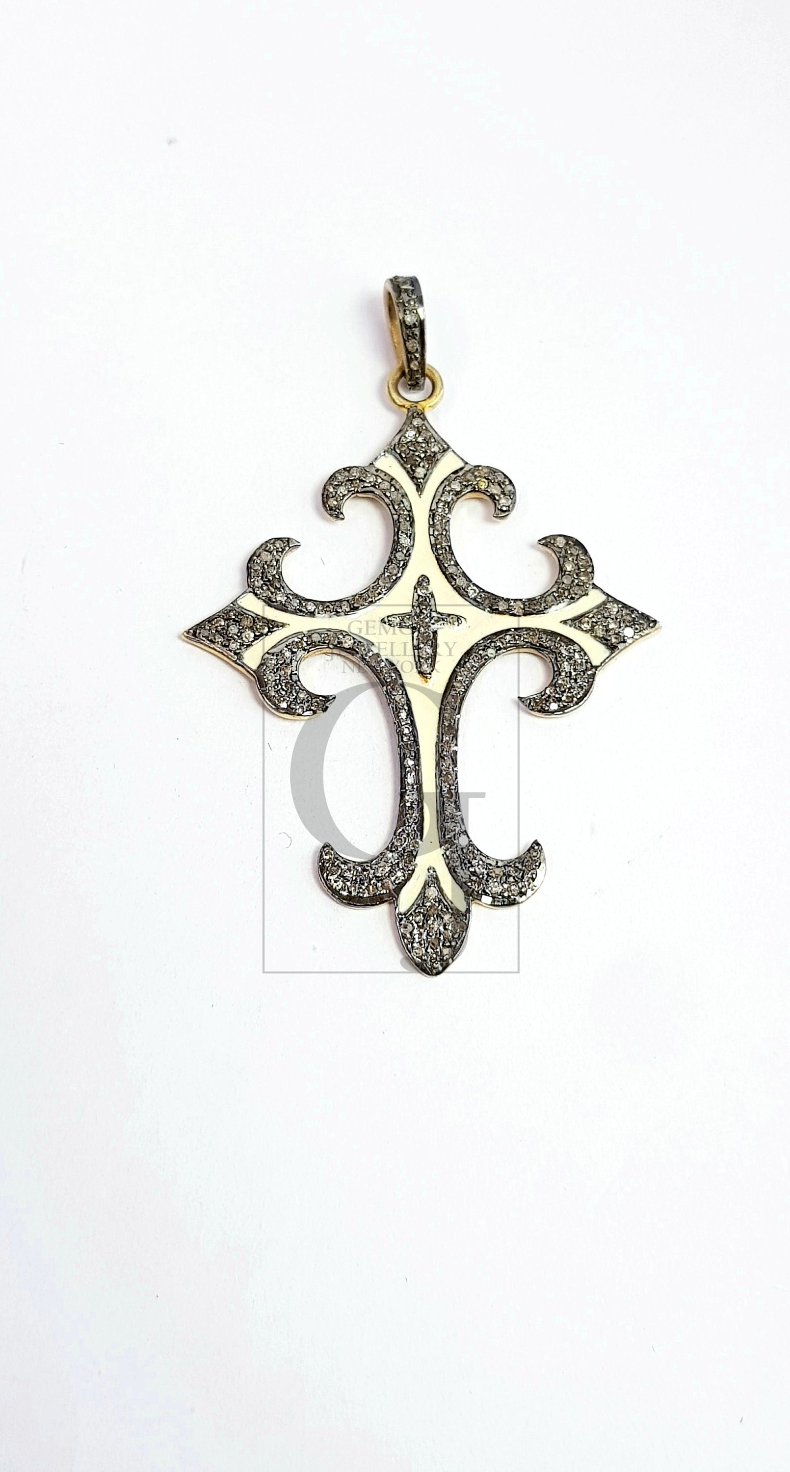 Enameling designer cross Shaped Rosecut pave diamond pendant 925 sterling silver handmade finish beautiful diamond pendant jewelry