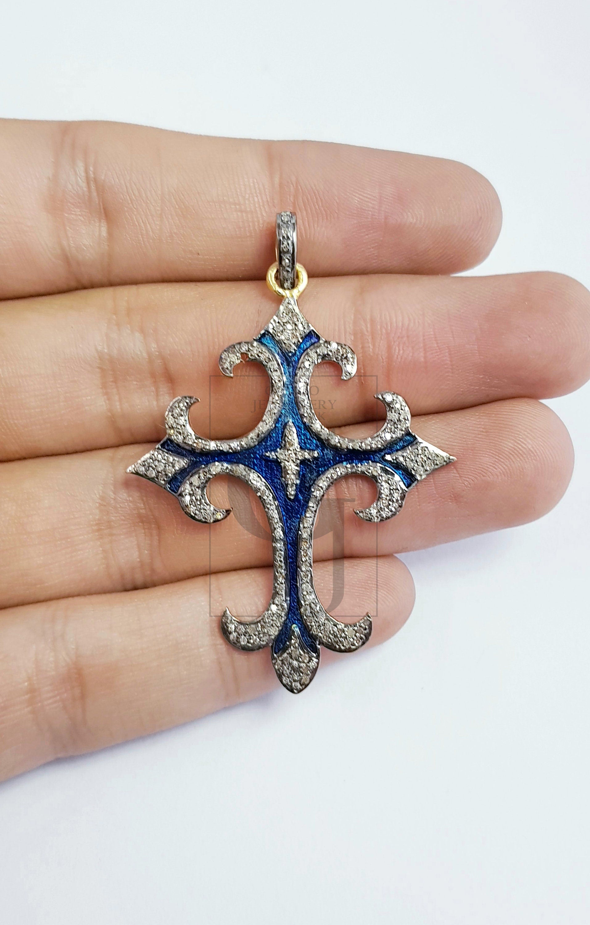 Enameling designer cross Shaped Rosecut pave diamond pendant 925 sterling silver handmade finish beautiful diamond pendant jewelry