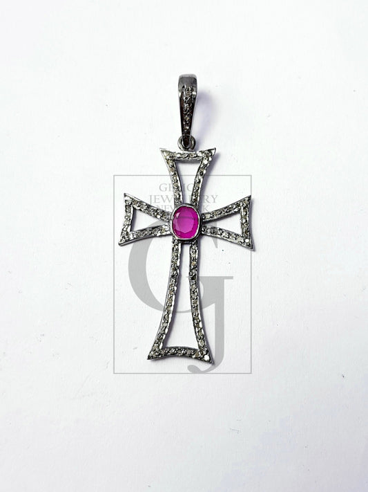 Latest cross design Rosecut pave diamond pendant 925 sterling silver handmade finish natural color stone diamond pendant jewelry