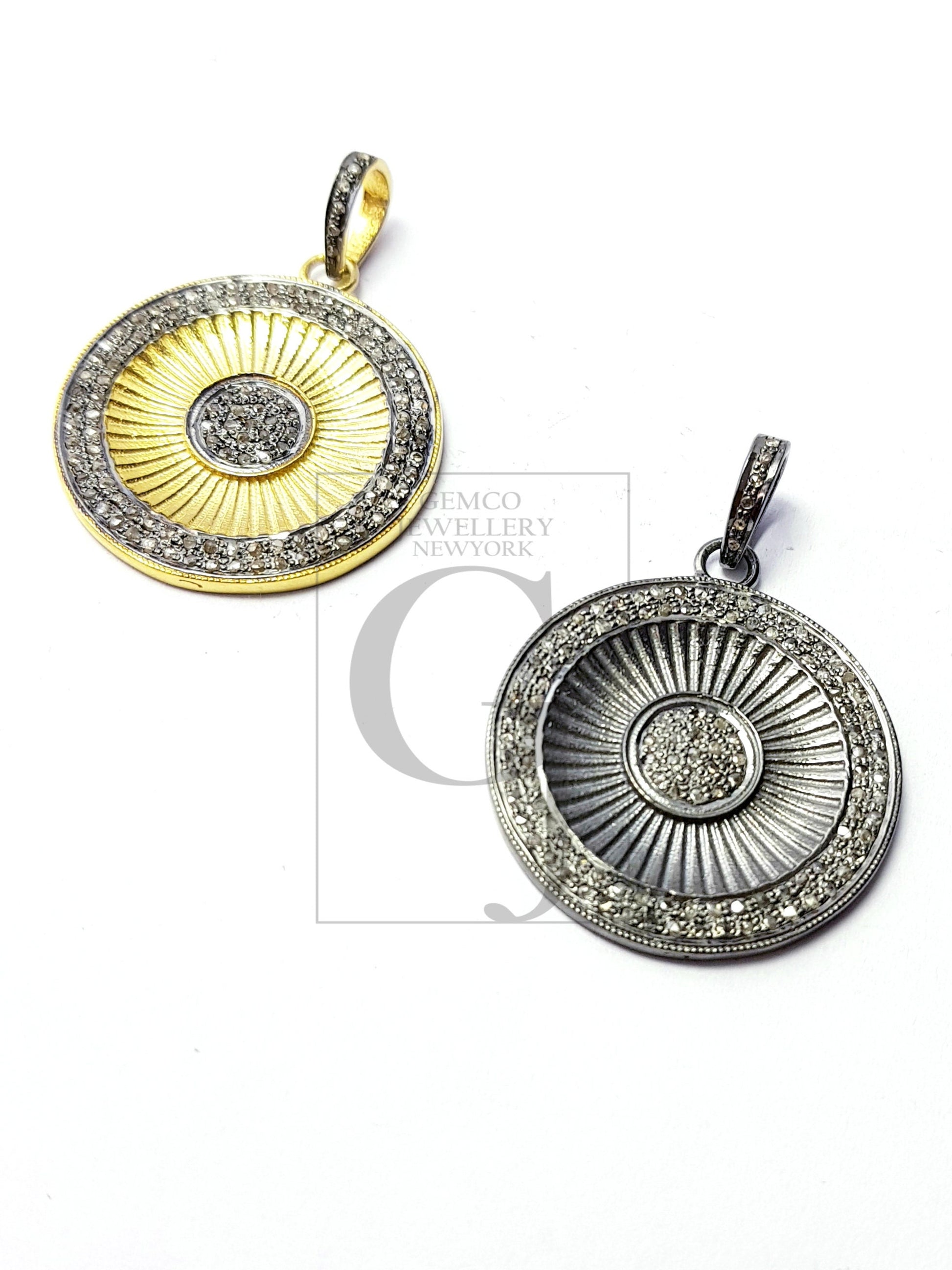 Beautiful Circle Rosecut Pave Diamond Pendant 925 Sterling Silver Handmade Finish Diamond Jewelry