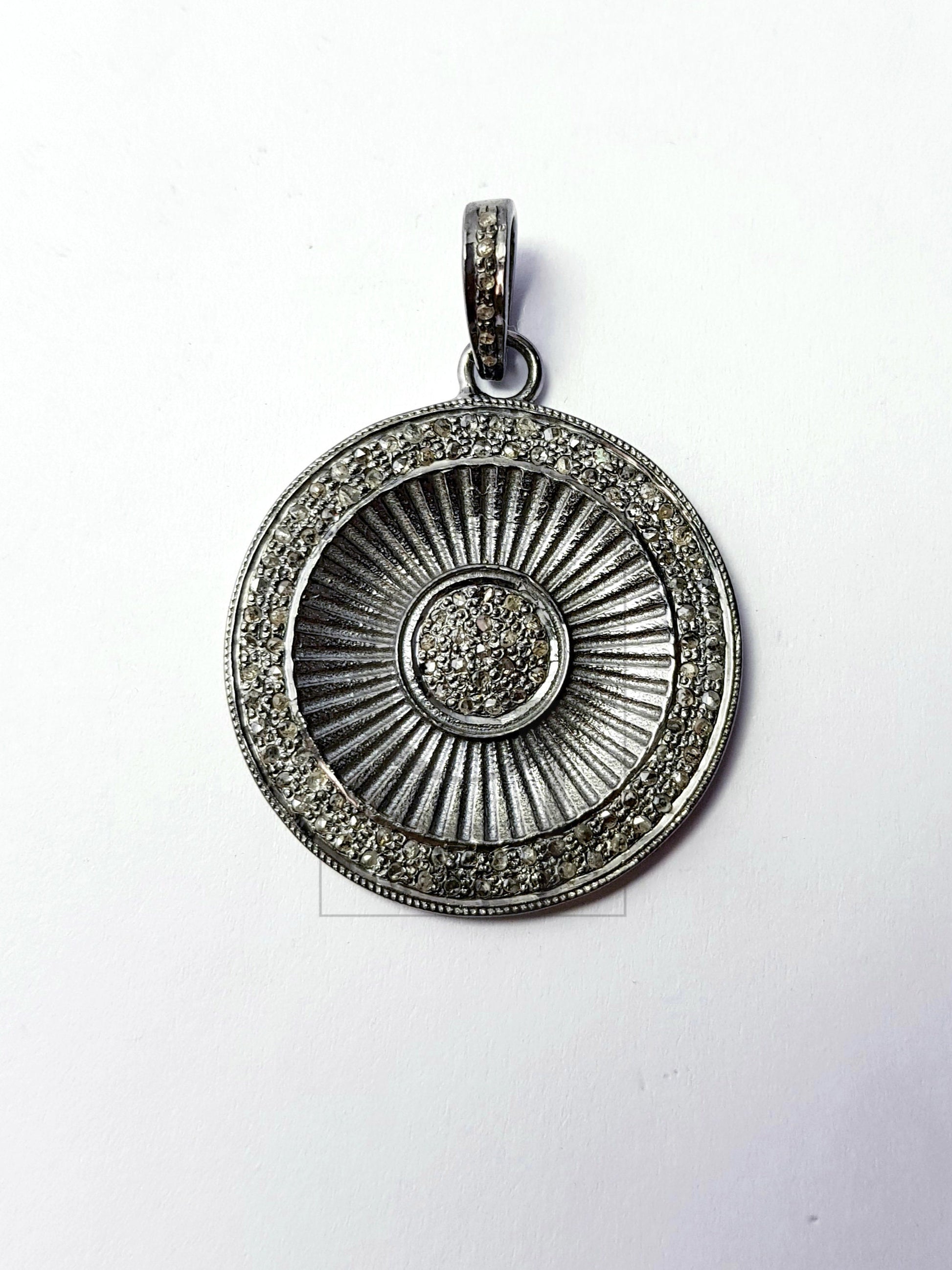 Beautiful Circle Rosecut Pave Diamond Pendant 925 Sterling Silver Handmade Finish Diamond Jewelry