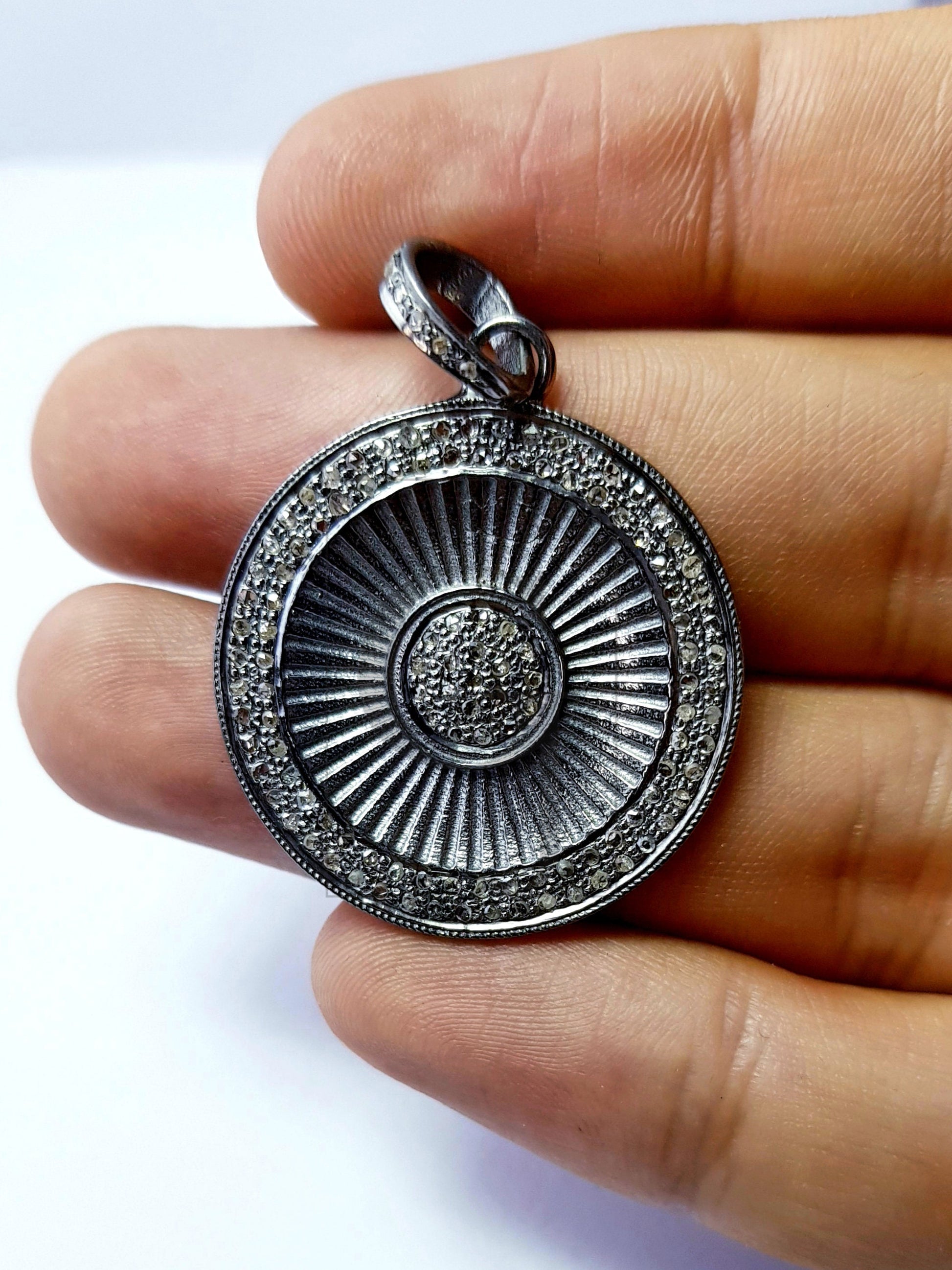 Beautiful Circle Rosecut Pave Diamond Pendant 925 Sterling Silver Handmade Finish Diamond Jewelry