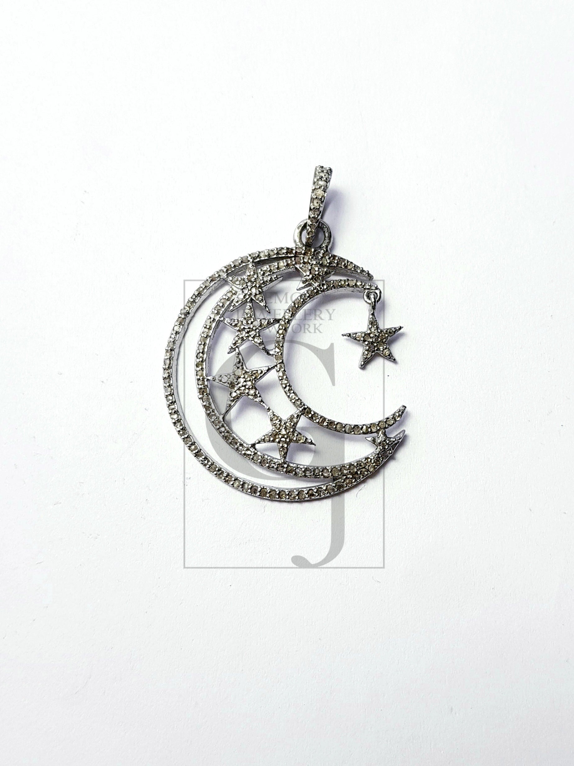 Beautiful Crescent Moon Design Rosecut Pave Diamond Pendant 925 Sterling Silver Handmade Finish Moon Star Diamond Pendant Jewelry