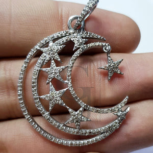 Beautiful Crescent Moon Design Rosecut Pave Diamond Pendant 925 Sterling Silver Handmade Finish Moon Star Diamond Pendant Jewelry