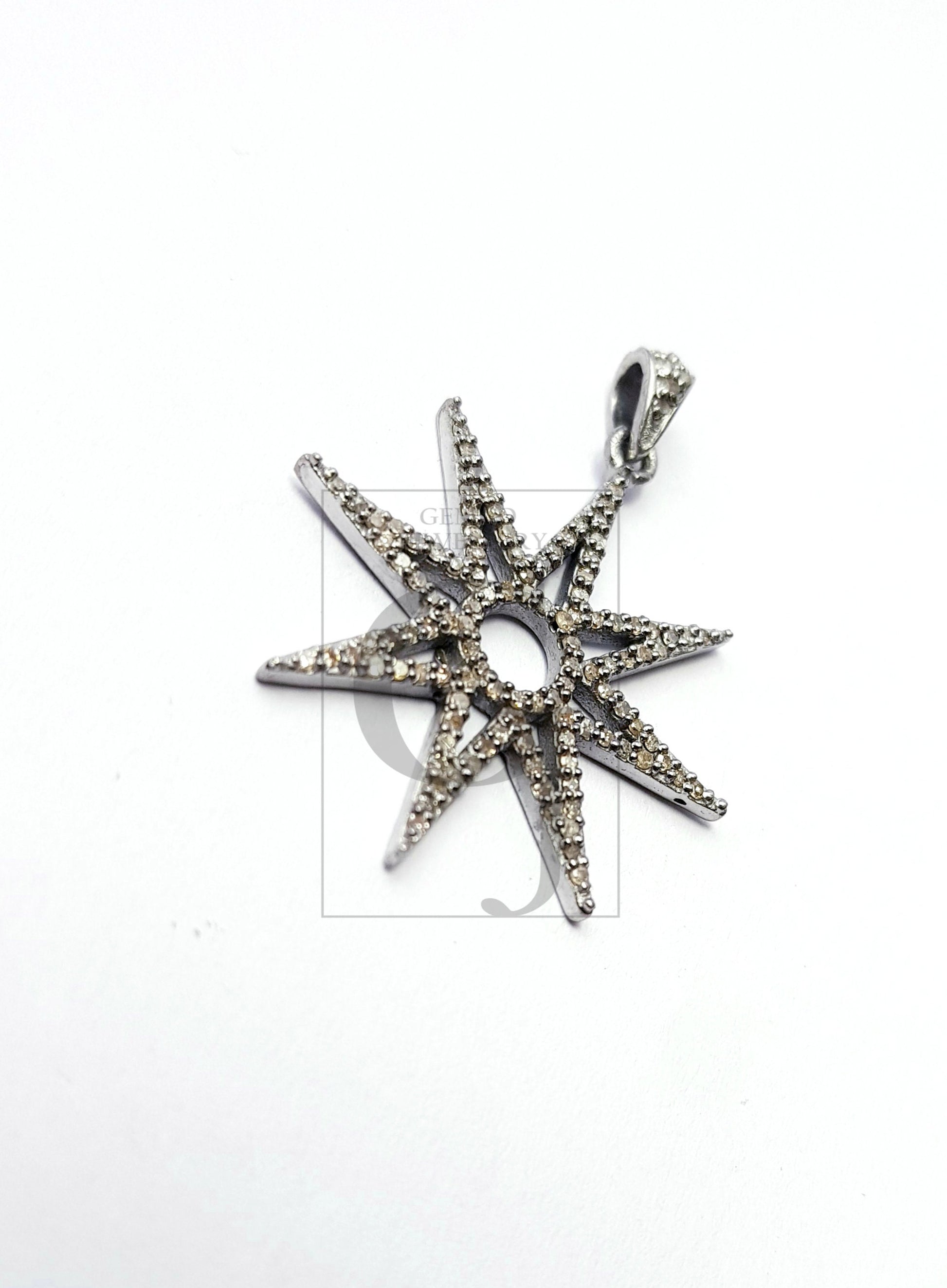 Beautiful Starburst Rosecut Pave Diamond Pendant 925 Sterling Silver Handmade Finish Start Design Diamond Pendant Jewelry