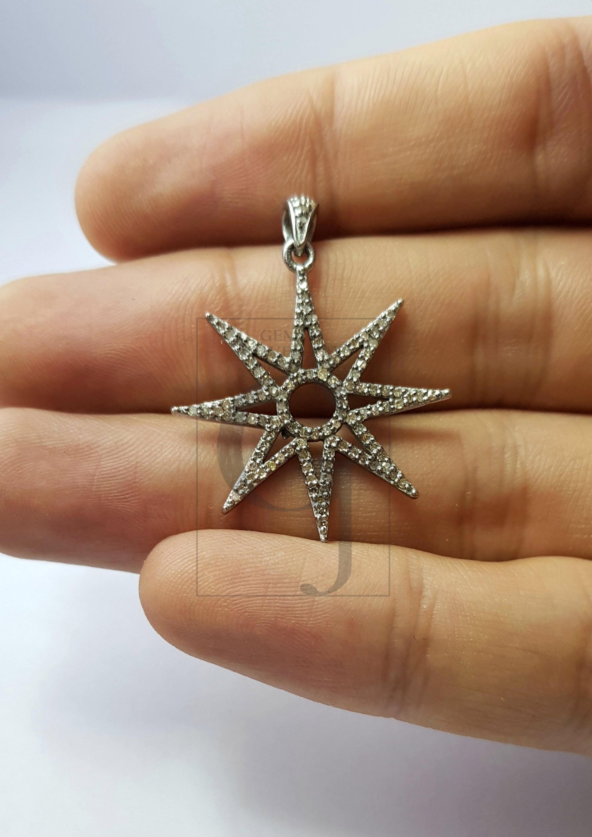Beautiful Starburst Rosecut Pave Diamond Pendant 925 Sterling Silver Handmade Finish Start Design Diamond Pendant Jewelry