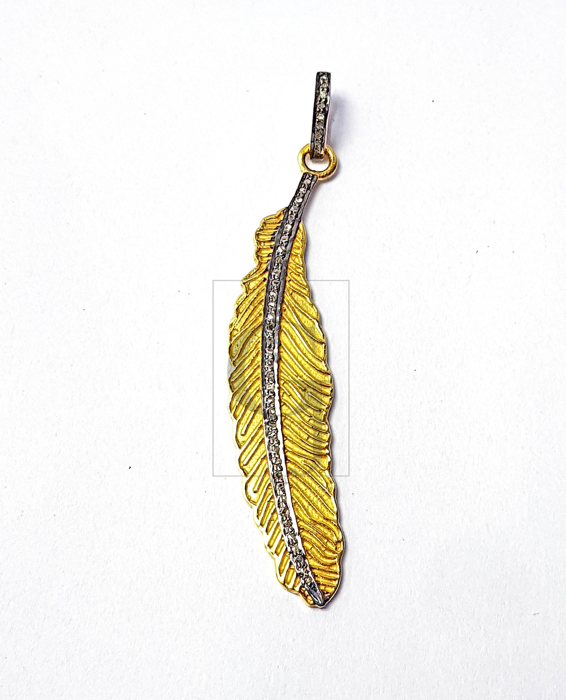 Very beautiful feather designed shaped diamond pendant Pave diamond rosecut pendant 925 sterling silver pendant handmade diamond pendant