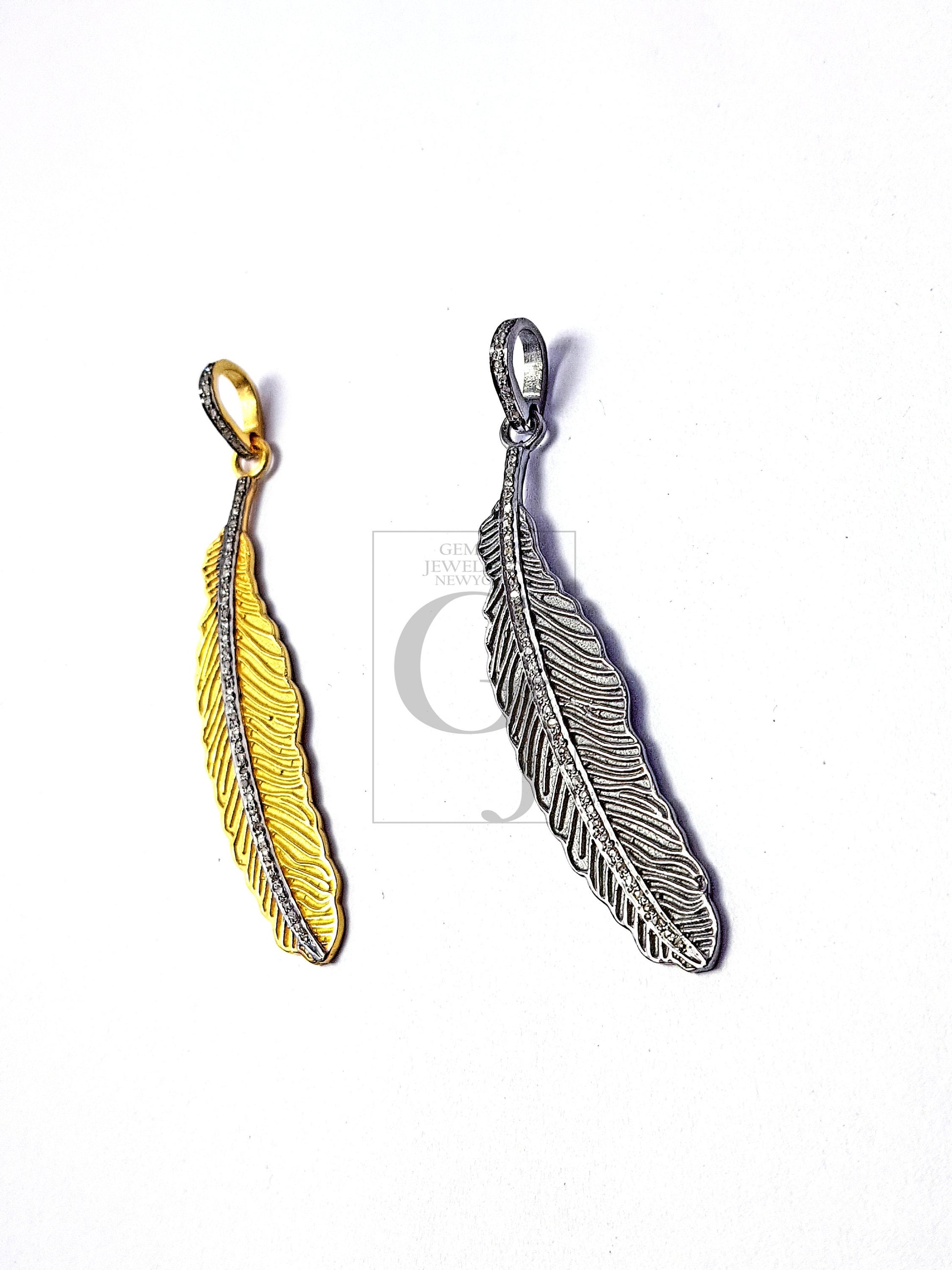 Very beautiful feather designed shaped diamond pendant Pave diamond rosecut pendant 925 sterling silver pendant handmade diamond pendant