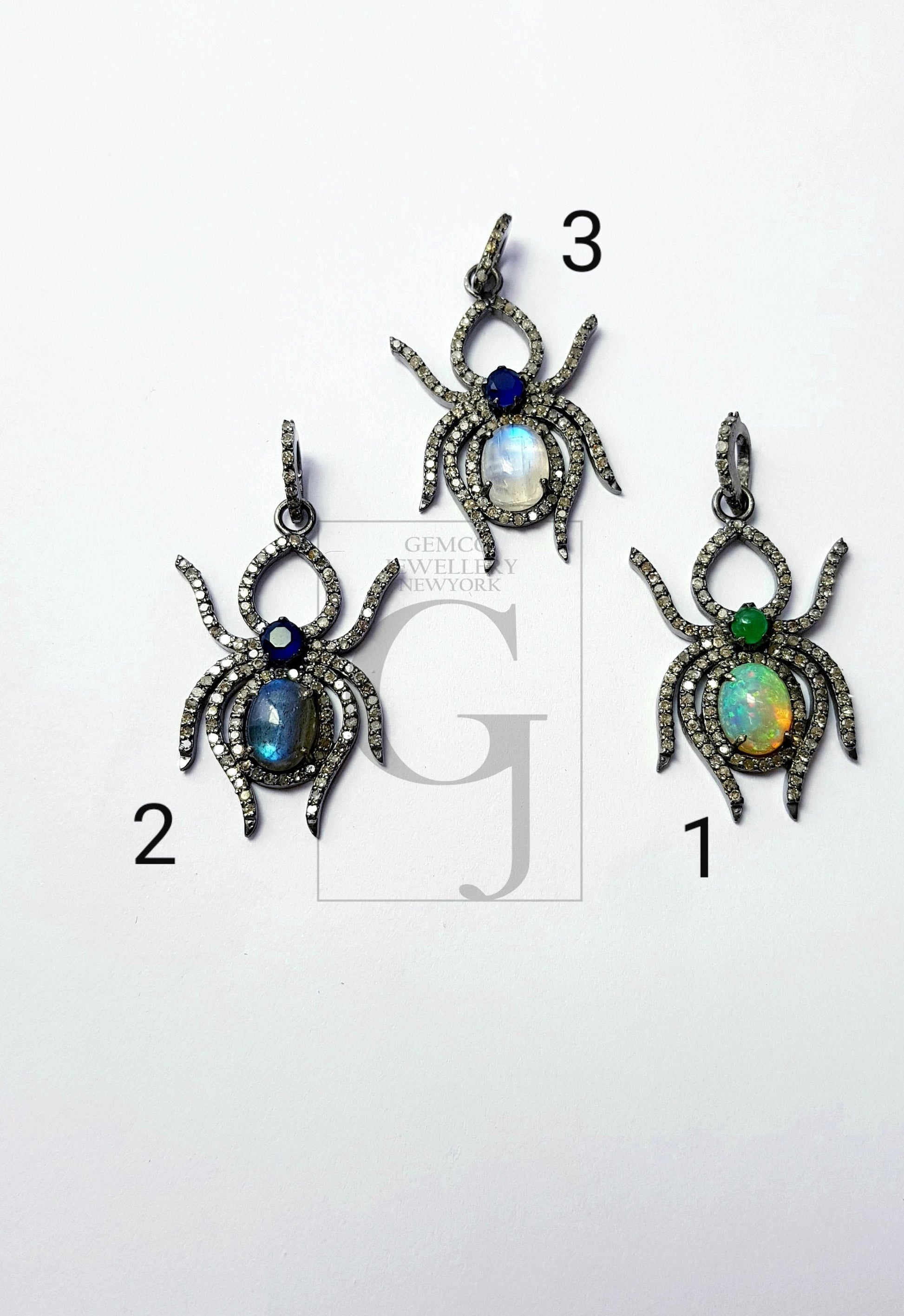 Spider Design Color Stone Style Rosecut Pave Diamond Pendant 925 Sterling Silver Handmade Finish Diamond Pendant Jewelry