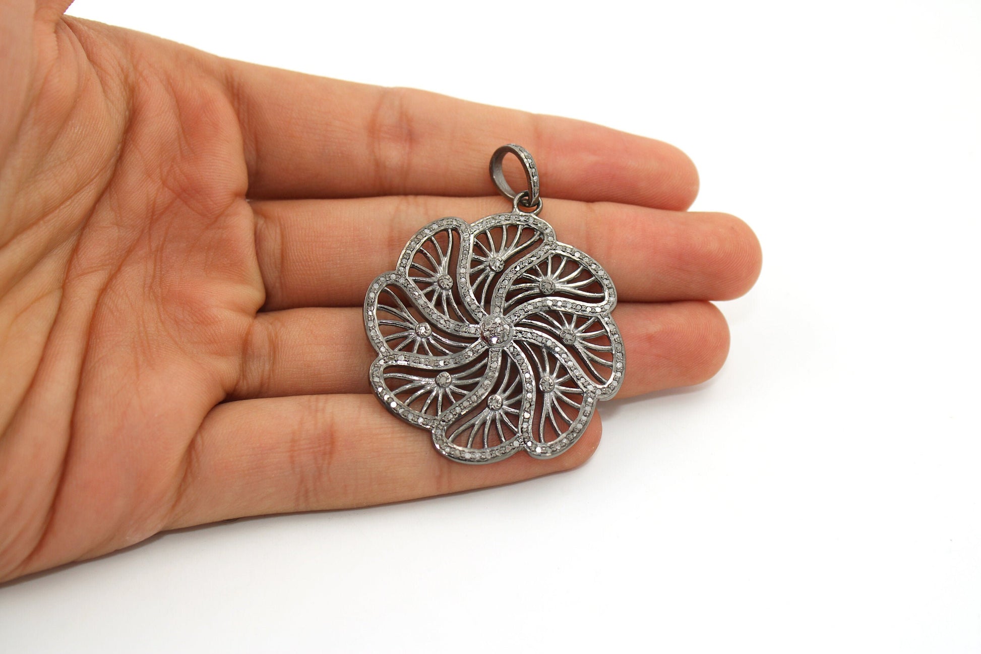One of a kind flower designer pendant Rosecut pave diamond pendant 925 sterling silver handmade finish diamond jewelry necklace pendant