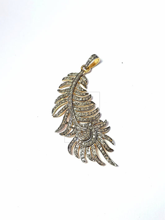 Very Beautiful Peacock Feather Design Pave Diamond Pendant Pave Diamond Rosecut Pendant 925 Sterling Silver Pendant Handmade Diamond Pendant