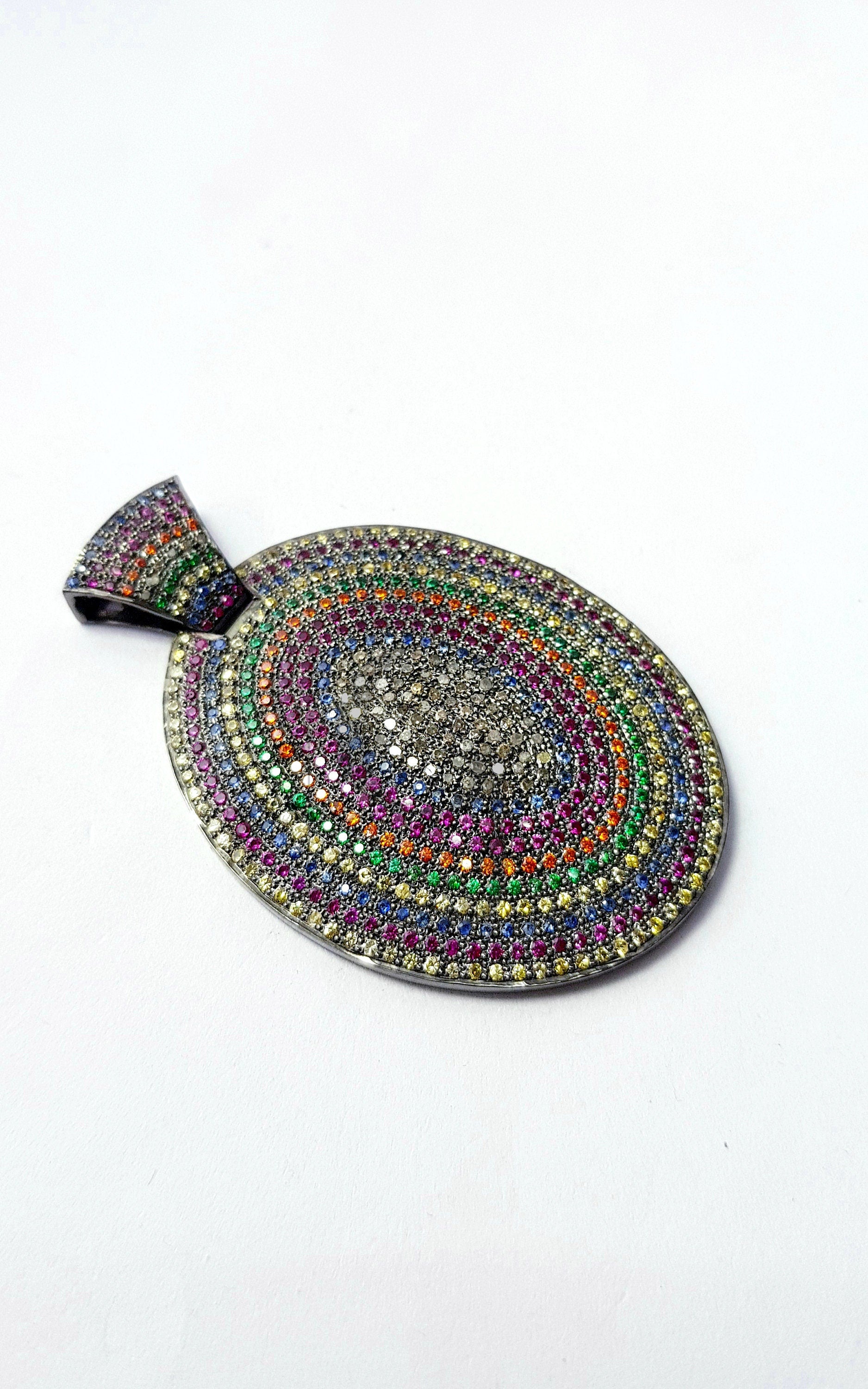 One of kind Multi Color Pave Sapphire Designer Rosecut Pave Diamond Pendant 925 Sterling Silver Handmade Finish Diamond Jewelry Pendant