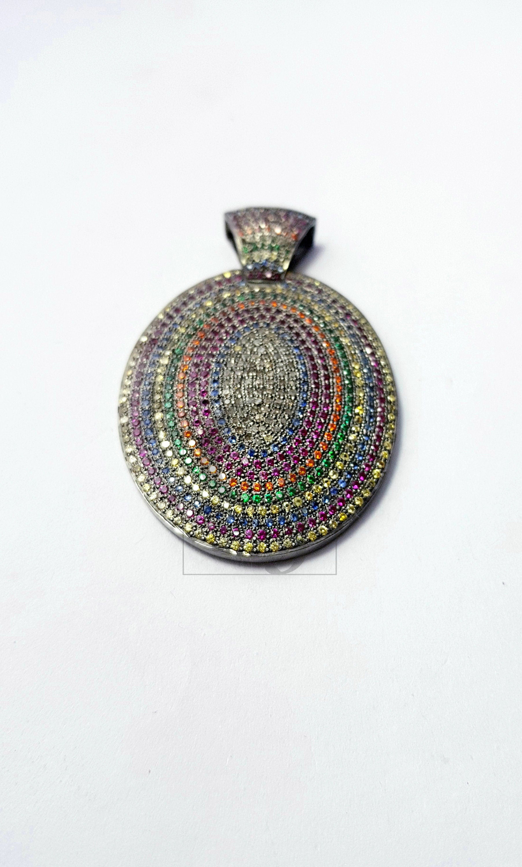 One of kind Multi Color Pave Sapphire Designer Rosecut Pave Diamond Pendant 925 Sterling Silver Handmade Finish Diamond Jewelry Pendant