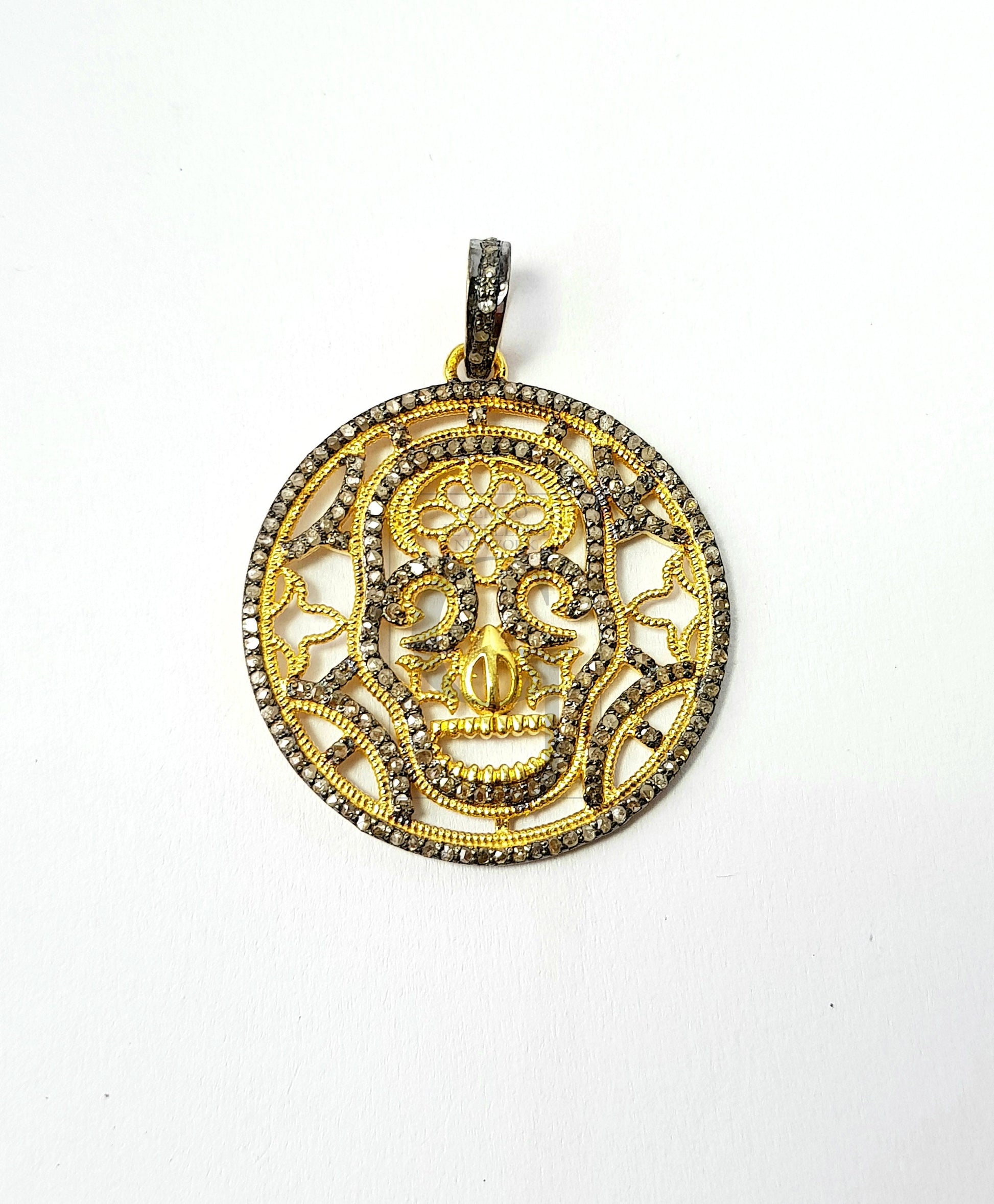 Skull designer Rosecut pave diamond pendant 925 sterling silver handmade finish diamond jewelry pendant