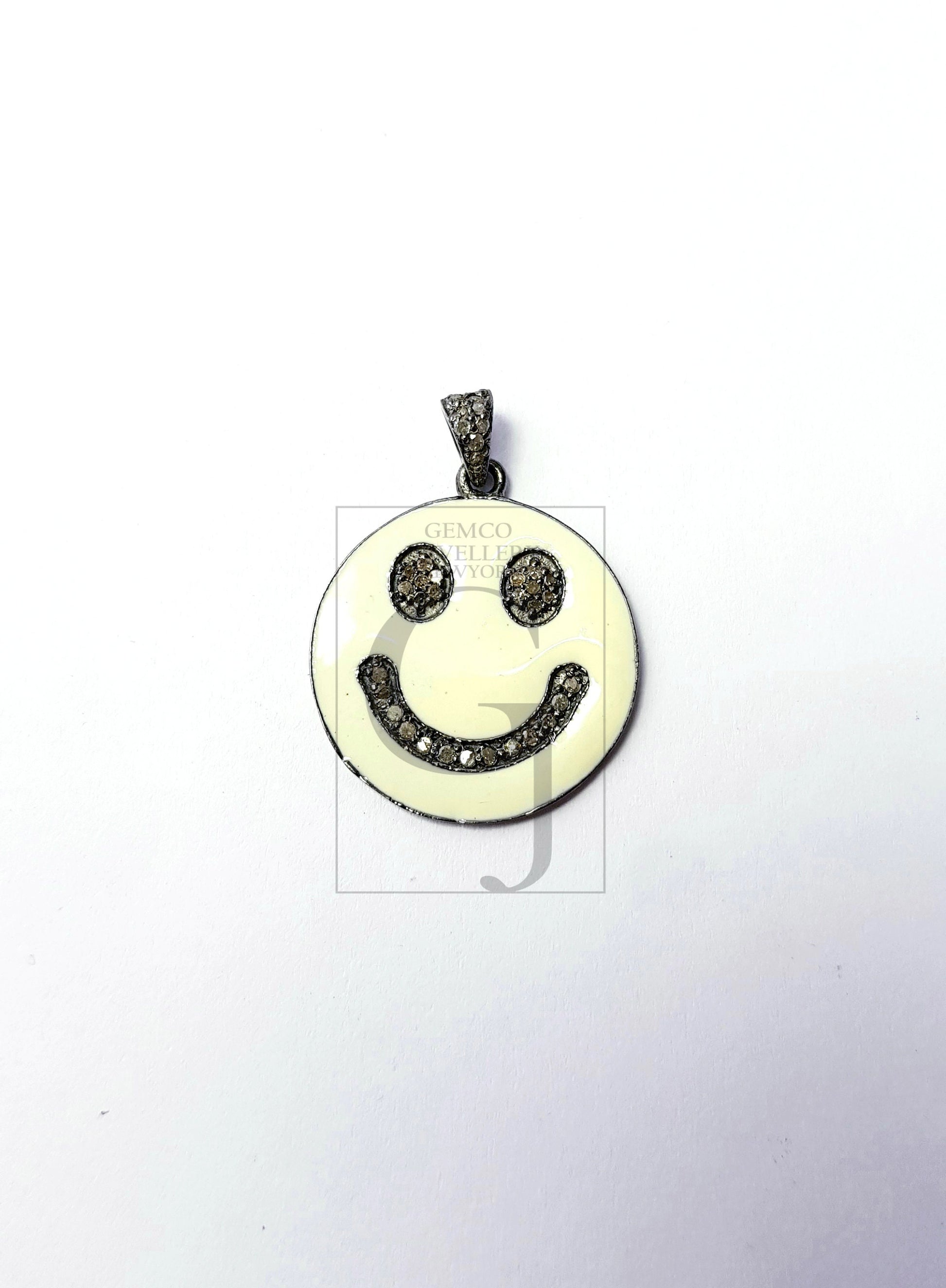 Smiley design Rosecut pave diamond pendant 925 sterling silver handmade finish enamel diamond pendant jewelry bakelite pendent gift jewelry