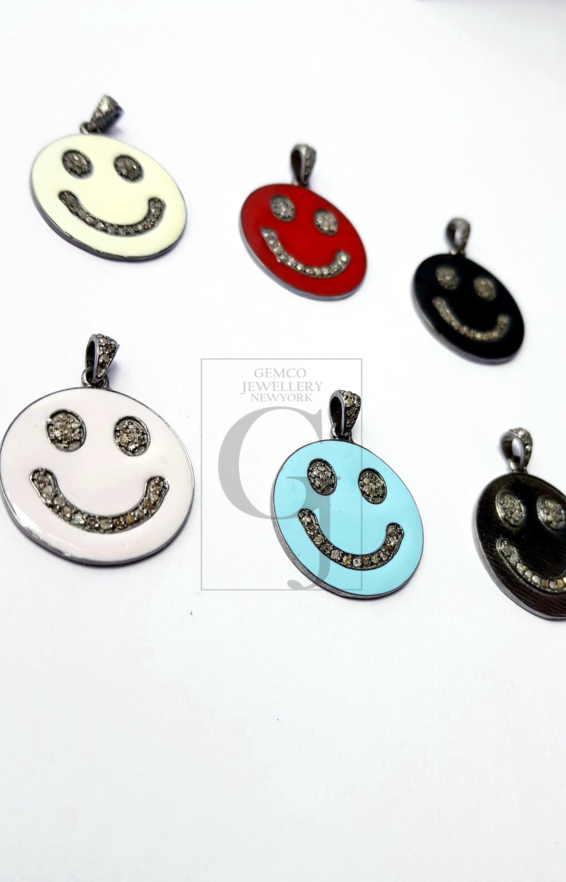 Smiley design Rosecut pave diamond pendant 925 sterling silver handmade finish enamel diamond pendant jewelry bakelite pendent gift jewelry