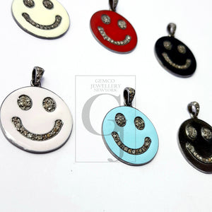 Smiley design Rosecut pave diamond pendant 925 sterling silver handmade finish enamel diamond pendant jewelry bakelite pendent gift jewelry