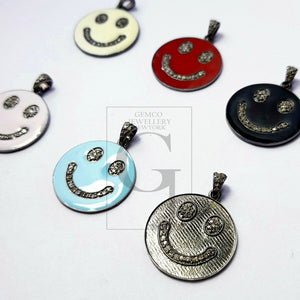 Smiley design Rosecut pave diamond pendant 925 sterling silver handmade finish enamel diamond pendant jewelry bakelite pendent gift jewelry