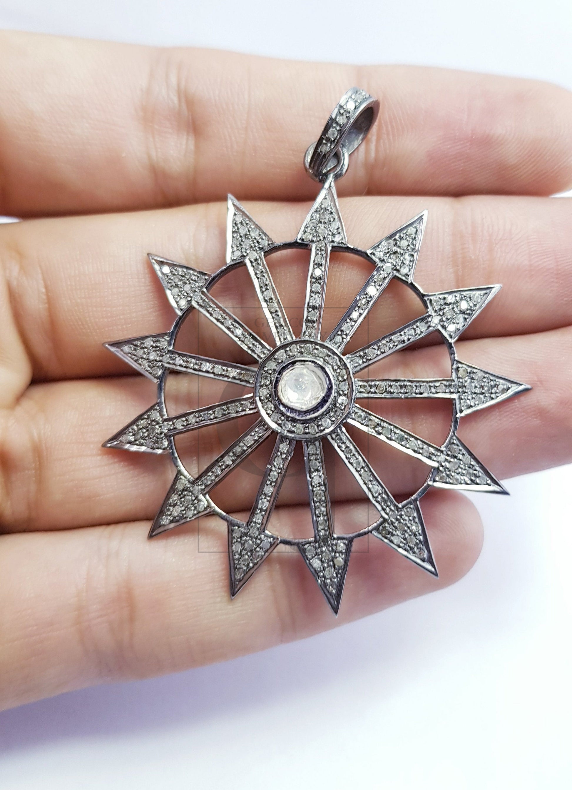 Beautiful Sunburst Designer Rosecut Pave Diamond Pendant 925 Sterling Silver Handmade Finish Polki Diamond Pendant Jewelry