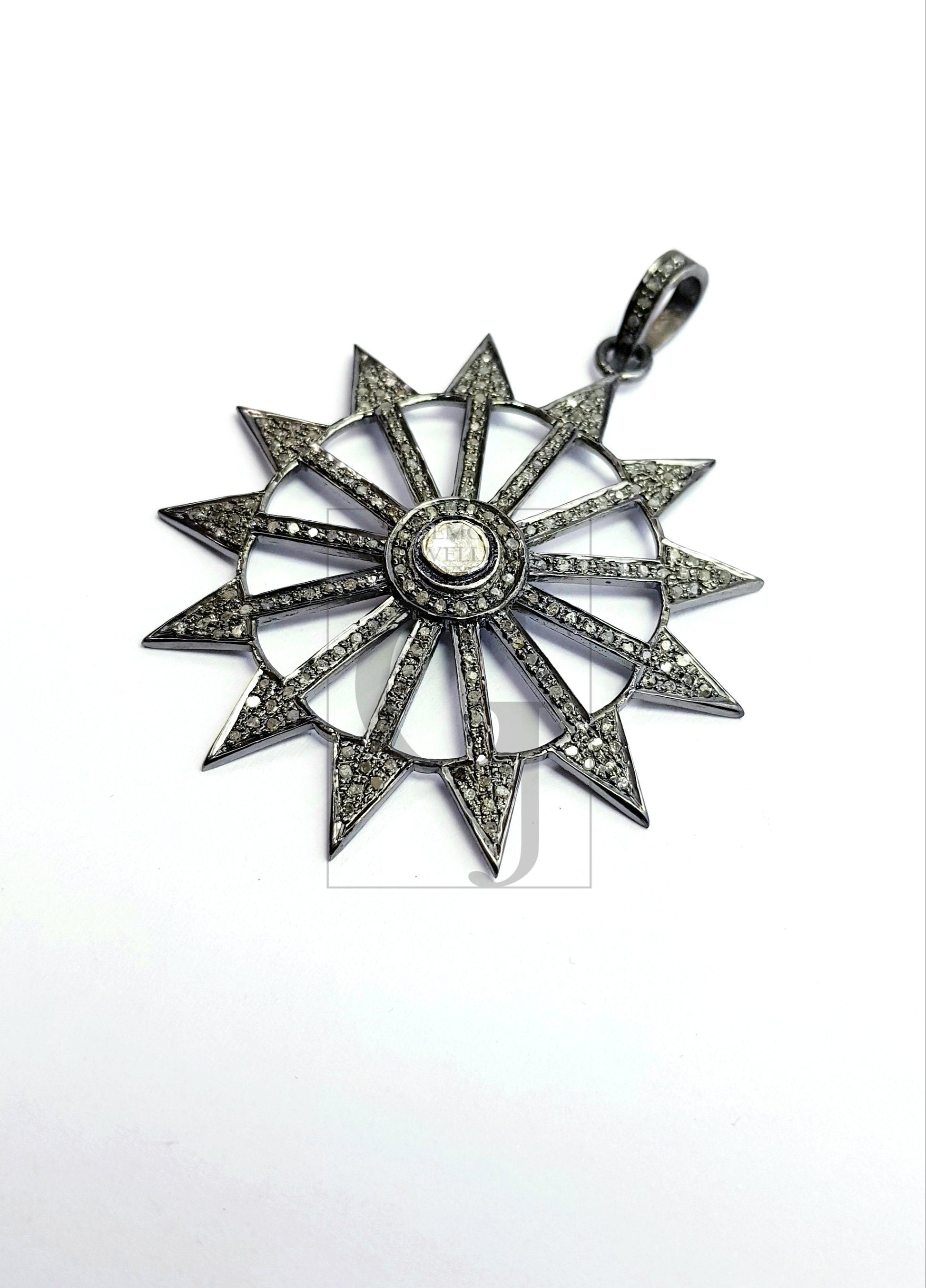 Beautiful Sunburst Designer Rosecut Pave Diamond Pendant 925 Sterling Silver Handmade Finish Polki Diamond Pendant Jewelry