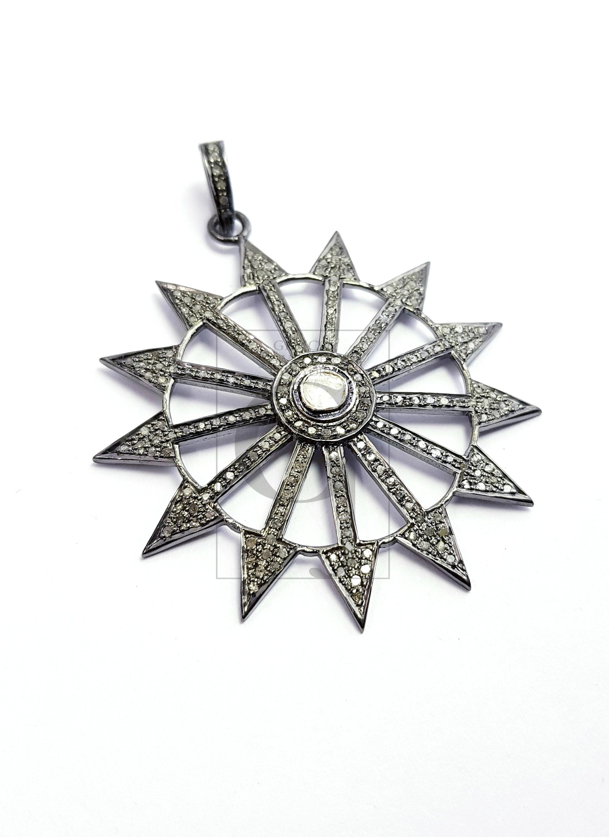 Beautiful Sunburst Designer Rosecut Pave Diamond Pendant 925 Sterling Silver Handmade Finish Polki Diamond Pendant Jewelry