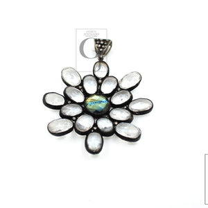Healing crystal labradorite flower designer Rosecut pave diamond pendant 925 sterling silver handmade finish diamond necklace pendant