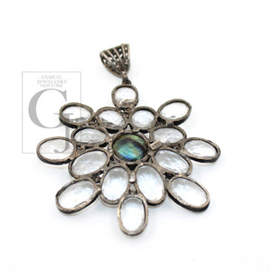 Healing crystal labradorite flower designer Rosecut pave diamond pendant 925 sterling silver handmade finish diamond necklace pendant